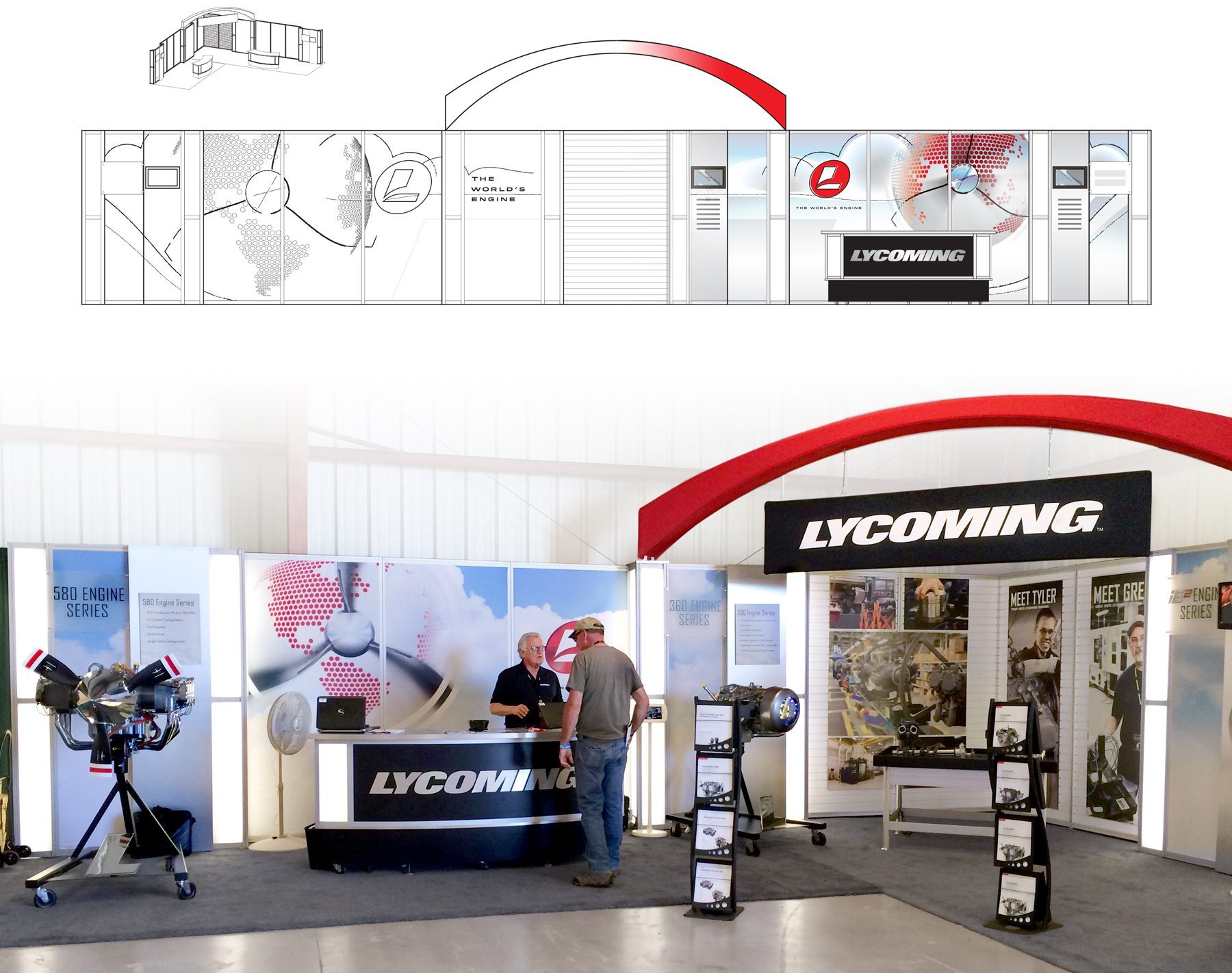 Aircraft engine manufacturer trade show booth sketch and a picture of a booth at a trade show